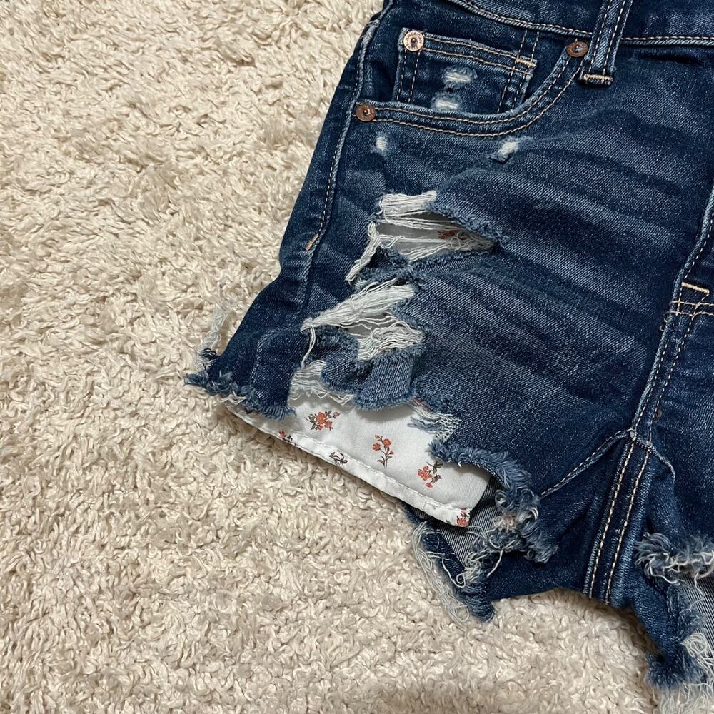 American Eagle 0 Dark Wash Distressed Button Fly High-Rise Shortie Shorts - Picture 2 of 6